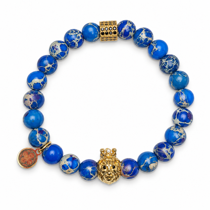 Mens Blue Imperial Jasper with Pavè Lion on white studio background