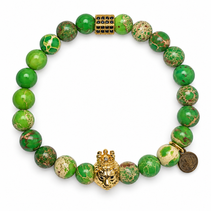 Mens Green Imperial Jasper with Pavè Lion on white studio background