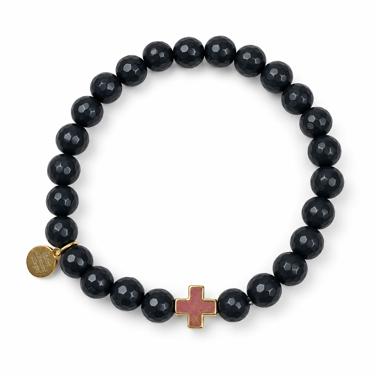 Mens Matte Black Onyx with Gold Cross on white studio background