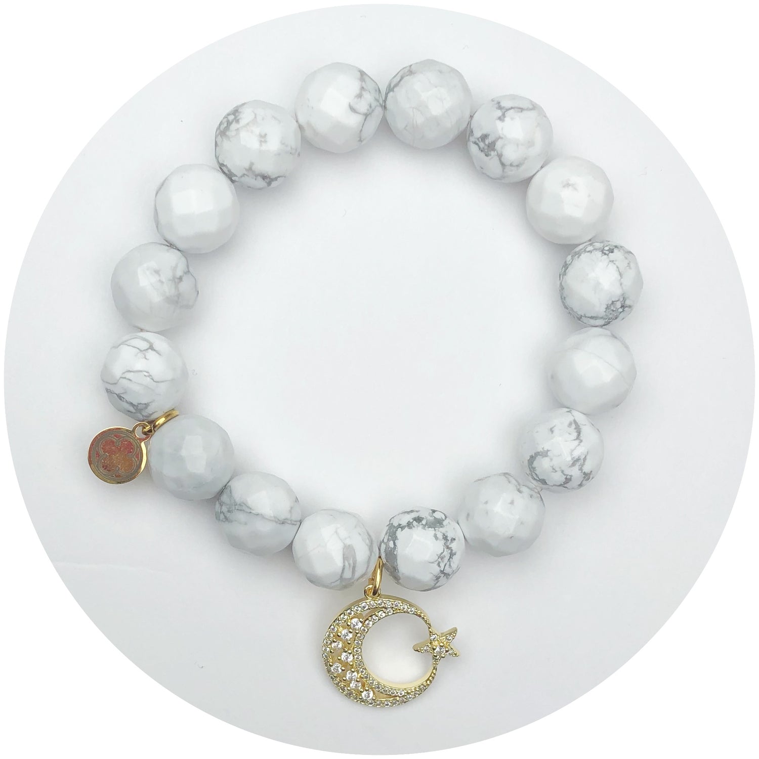 White Howlite with Pavé Crescent Moon &amp; Star Pendant - Oriana Lamarca LLC