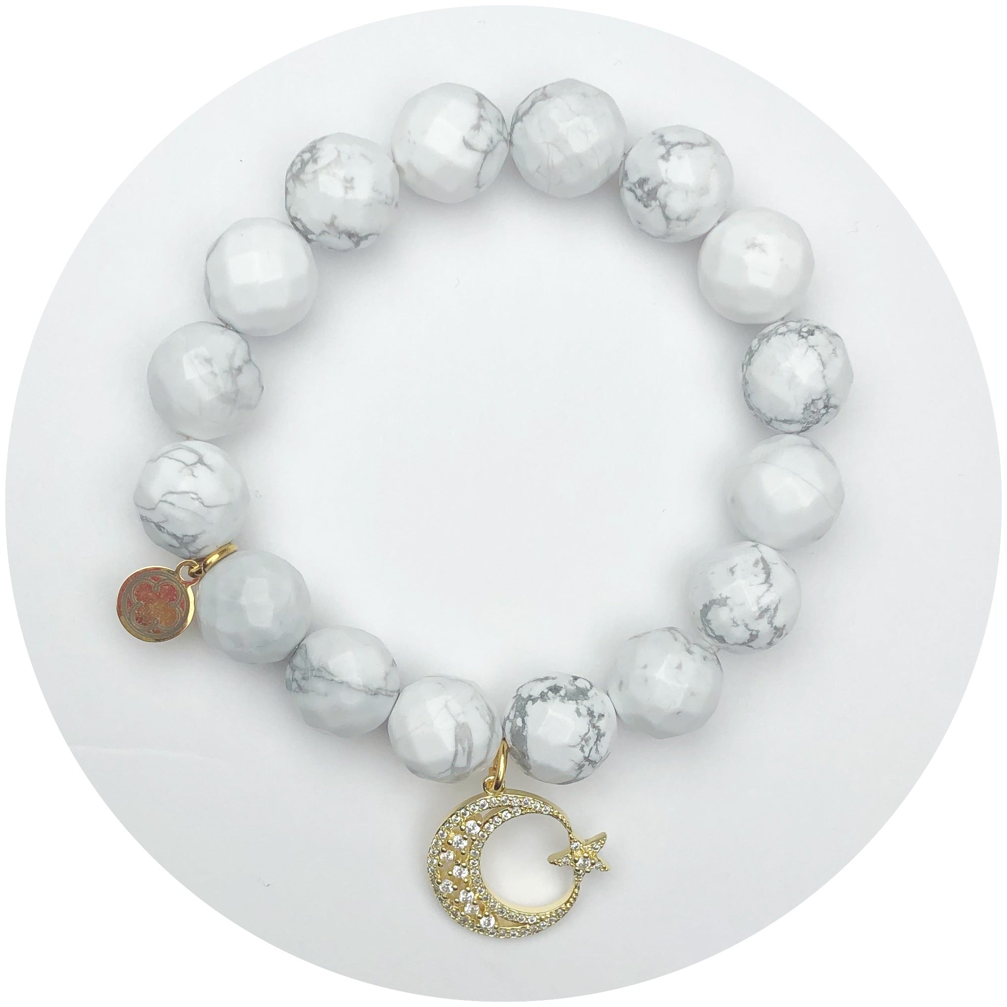 White Howlite with Pavé Crescent Moon &amp; Star Pendant - Oriana Lamarca LLC