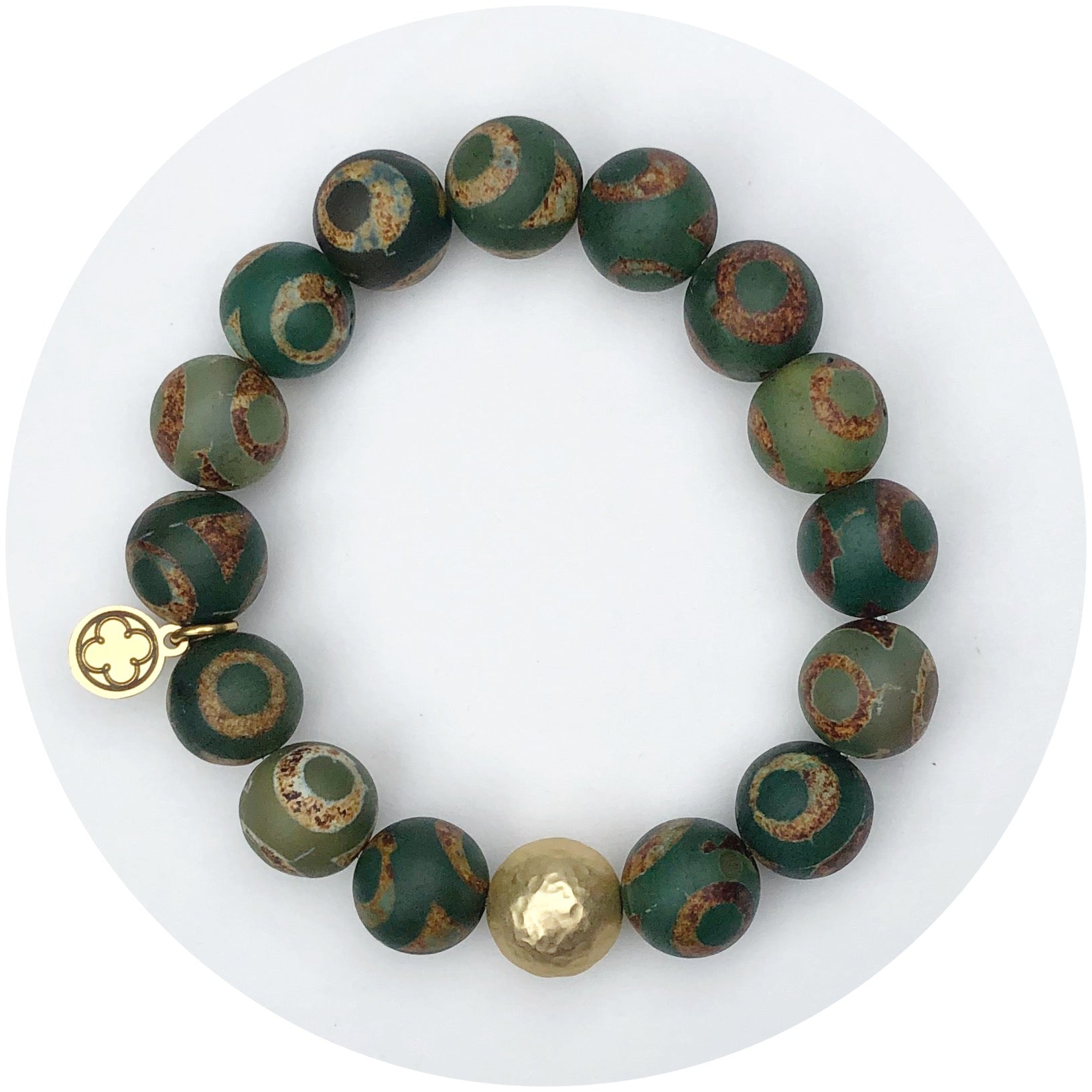 Tibetan Antique Green Eye Agate with Hammered Gold Accent