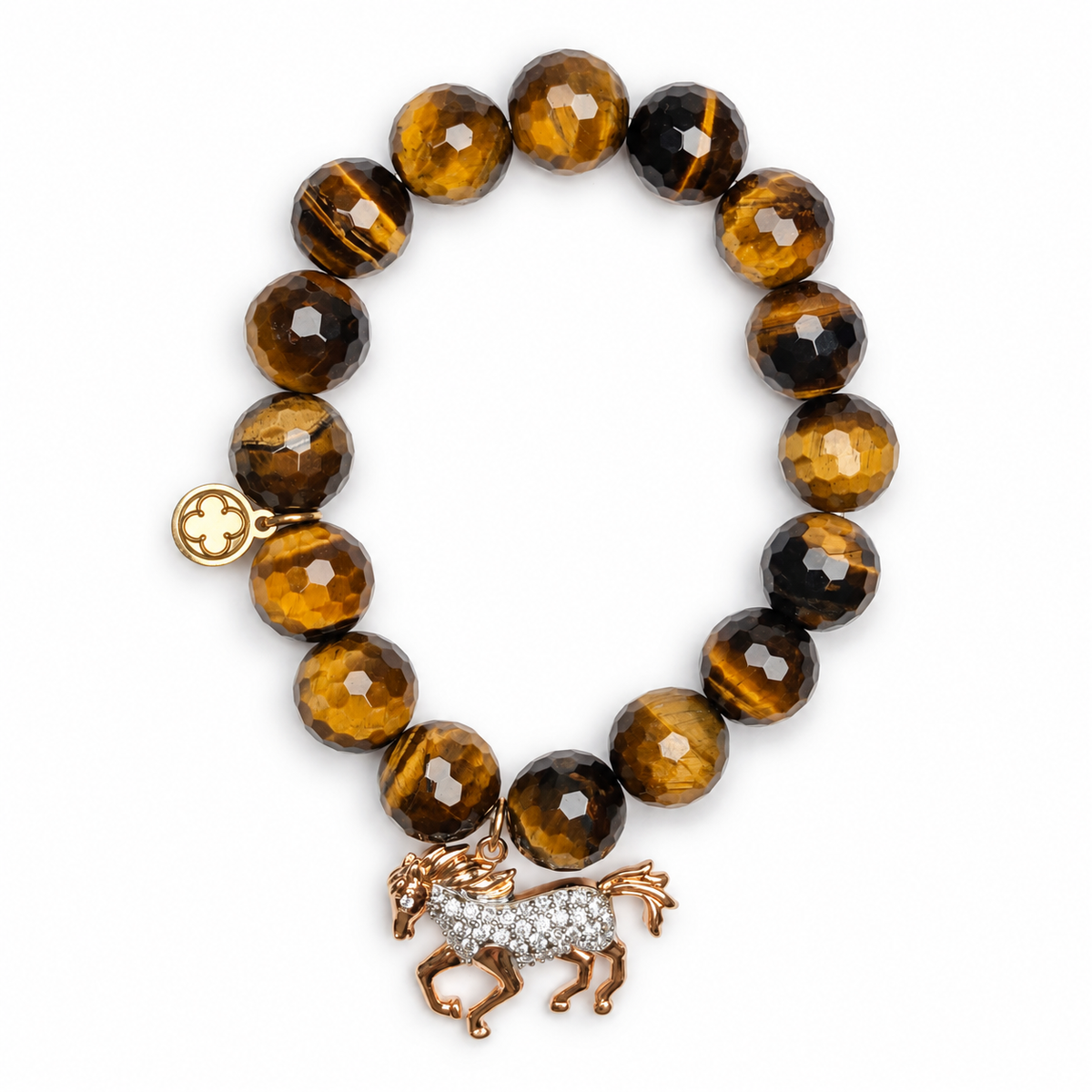 Tiger Eye with Gold Pavé Horse Pendant on white studio background