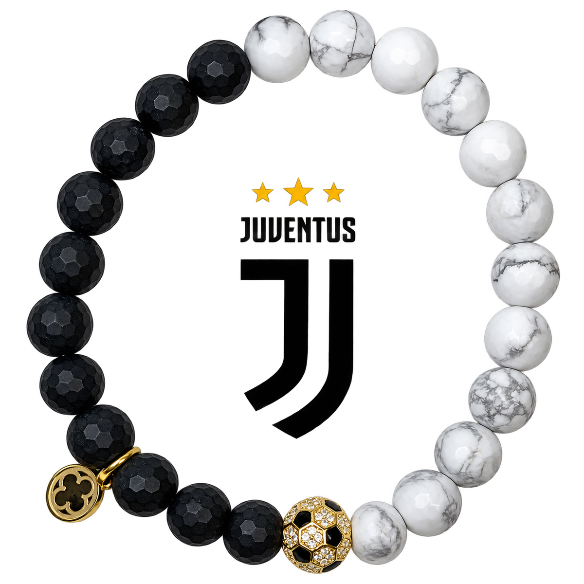 Juventus Mens Matte Black Onyx and White Howlite with Pavé Soccer Ball with preserved team logo on transparent background