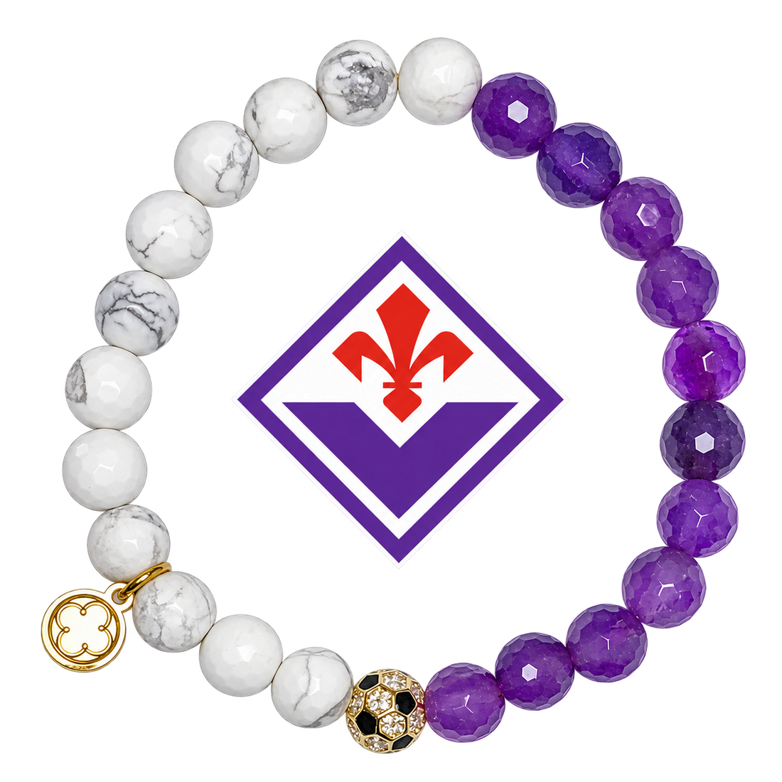 Fiorentina Mens Amethyst and White Howlite with Pavé Soccer Ball with preserved team logo on transparent background