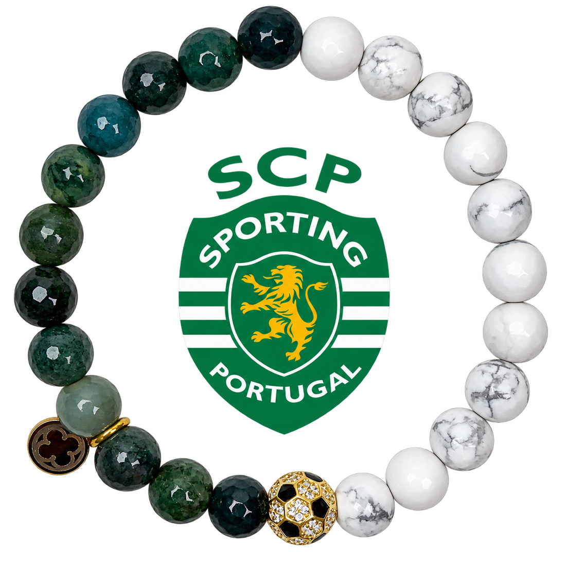 Sporting Portugal Mens Moss Green Jade and White Howlite with Pavé Soccer Ball with preserved team logo on transparent background