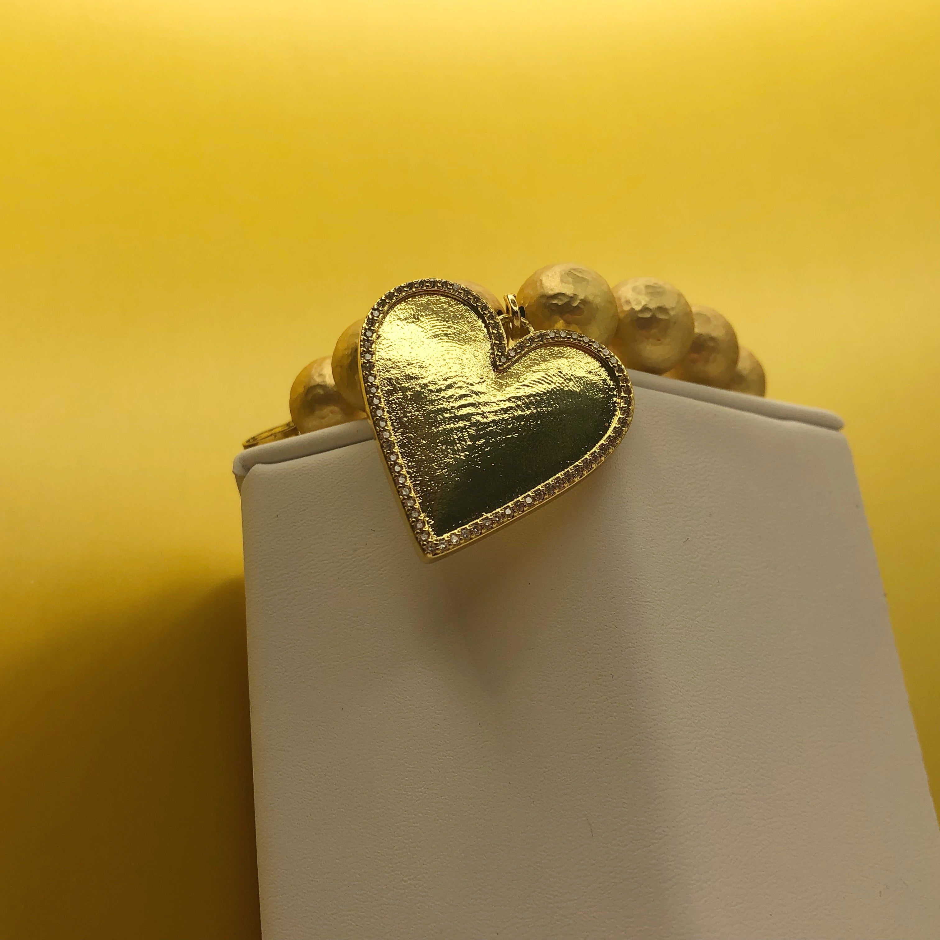 Hammered 22k Gold Plated Brass with Large Pavé Gold Heart Pendant