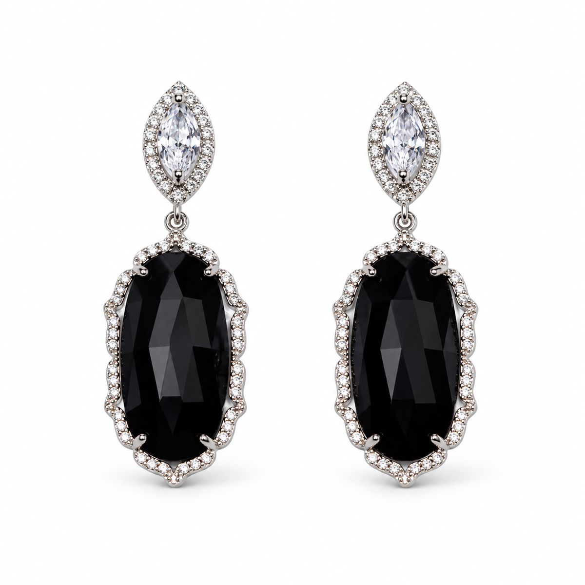 Camille Black Drop Silver Earring on a white background