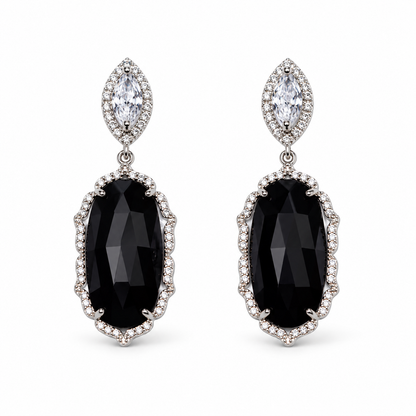 Camille Black Drop Silver Earring on a white background