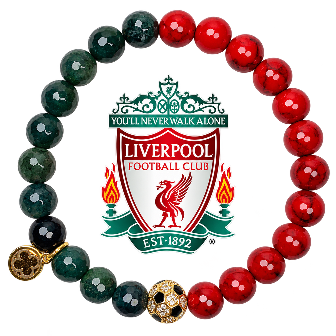Liverpool Mens Red Howlite and Moss Green Jade with Pavé Soccer Ball with preserved team logo on transparent background