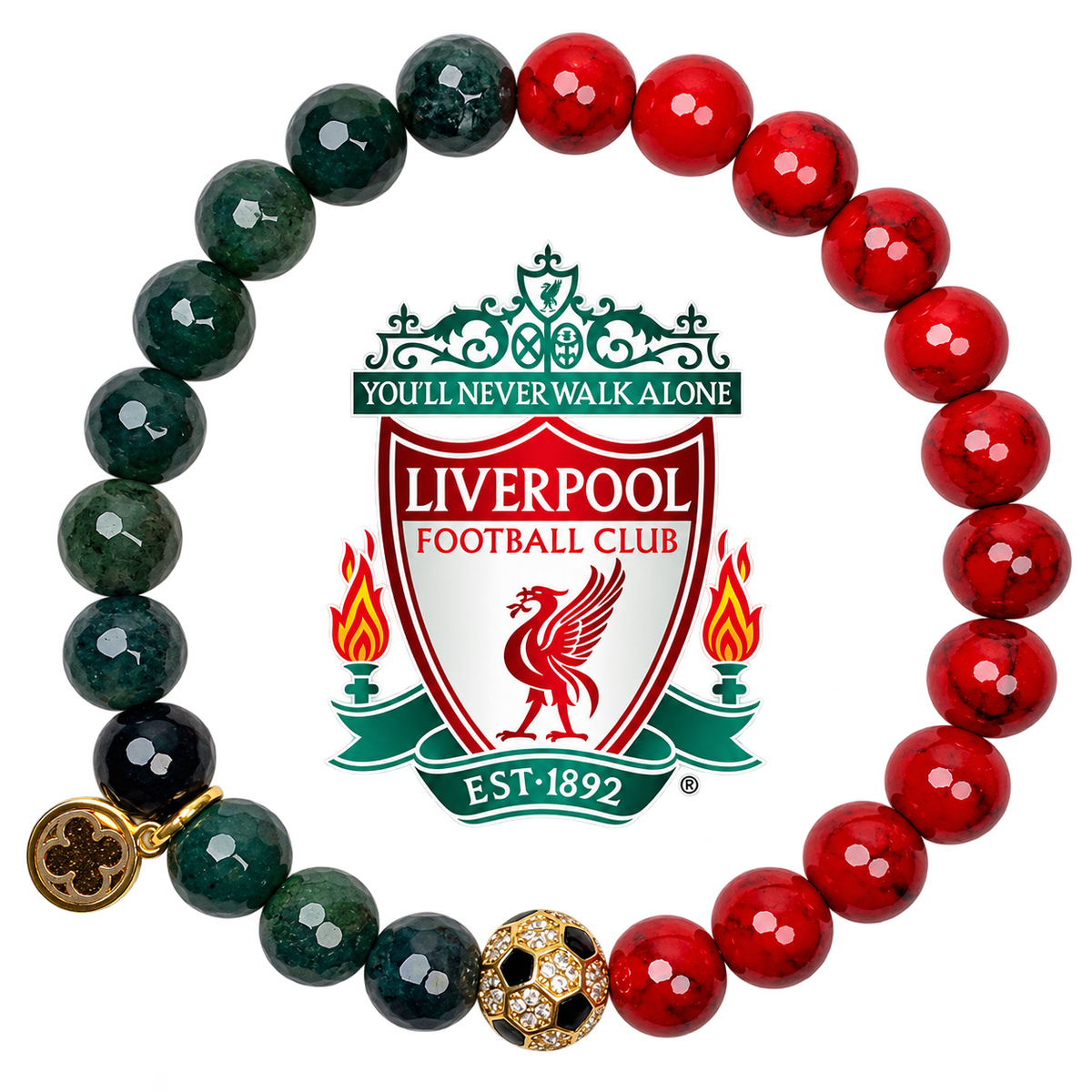 Liverpool Mens Red Howlite and Moss Green Jade with Pavé Soccer Ball with preserved team logo on transparent background