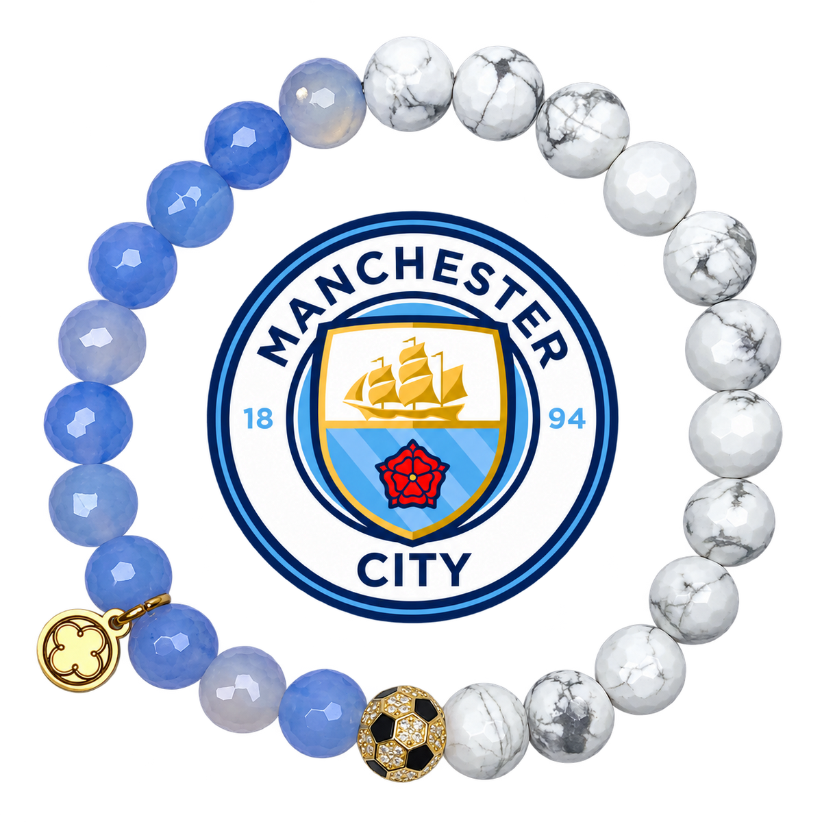 Manchester City Mens Aqua Jade and White Howlite with Pavé Soccer Ball with preserved team logo on transparent background