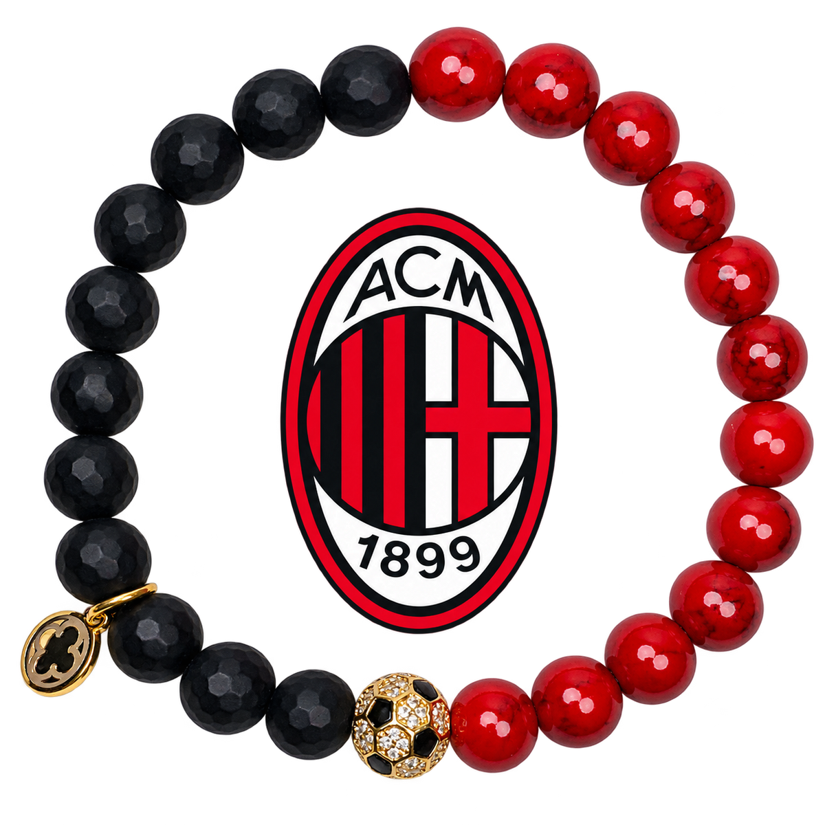 AC Milan Mens Matte Black Onyx and Red Howlite with Pavé Soccer Ball with preserved team logo on transparent background