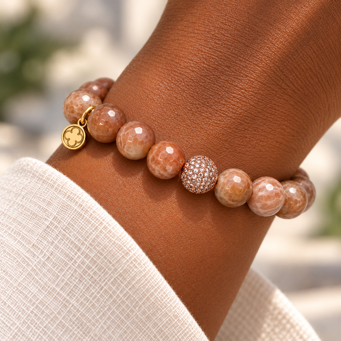 Desert Moonstone with Micro Pavé Rose Gold Accent on a woman’s wrist