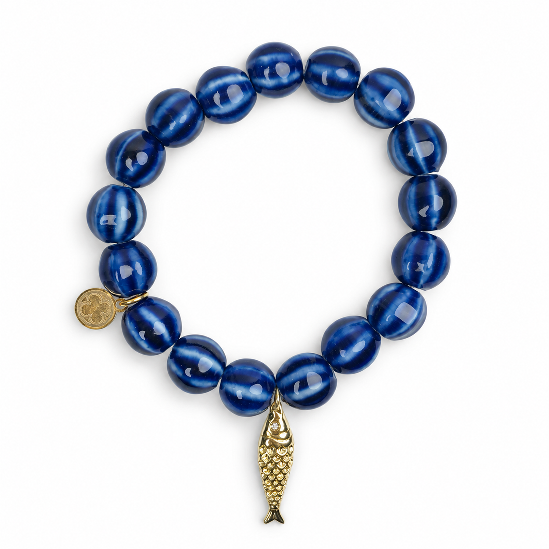Blue Ceramic Riccio Bead with Gold Sardine Pendant — Oriana LaMarca