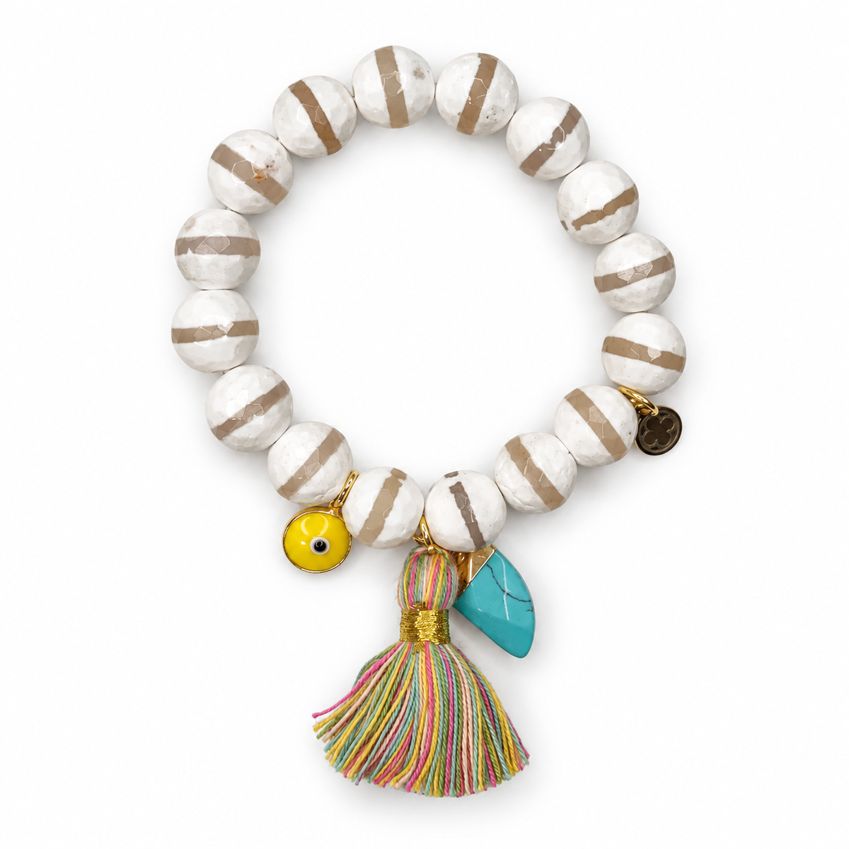 Tibetan White Zebra Agate with Multicolor Tassel and Turquoise Horn Pendant on white studio background