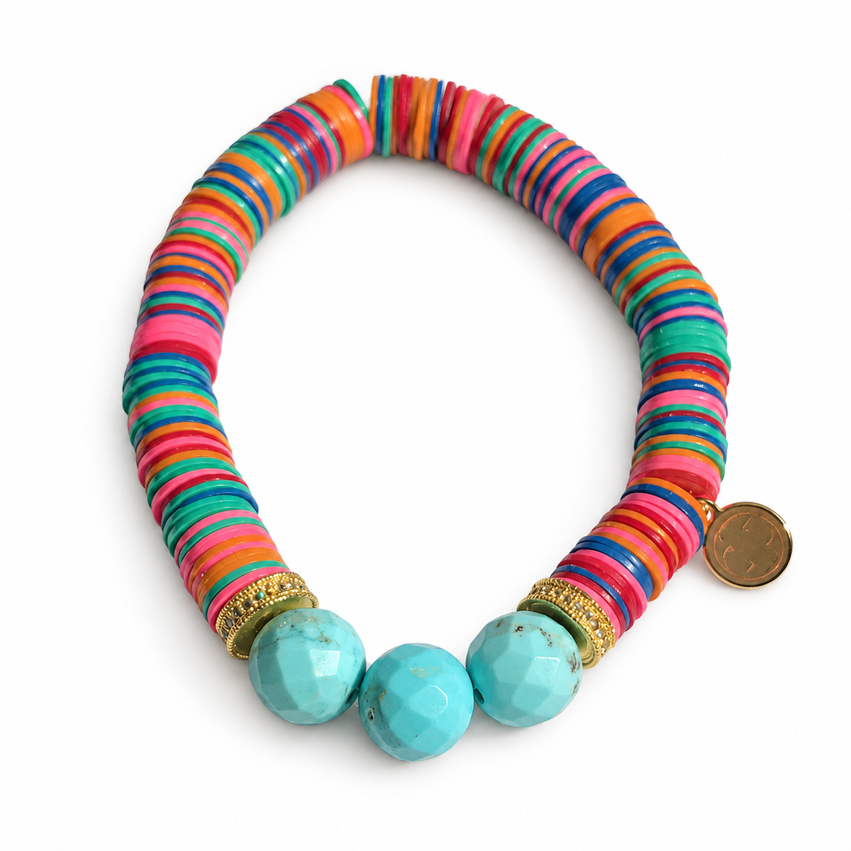 Multicolor Vinyl Discs with Turquoise Magnesite Accent and Gold Pavé Mini Spacer on white studio background