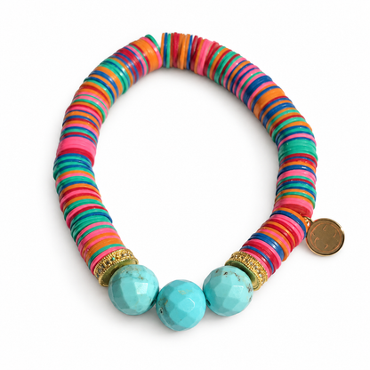 Multicolor Vinyl Discs with Turquoise Magnesite Accent and Gold Pavé Mini Spacer on white studio background