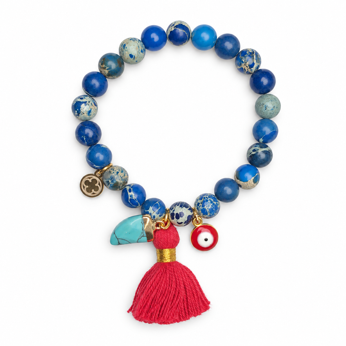 Blue Imperial Jasper with Red Tassel and Turquoise Horn Pendant on white studio background
