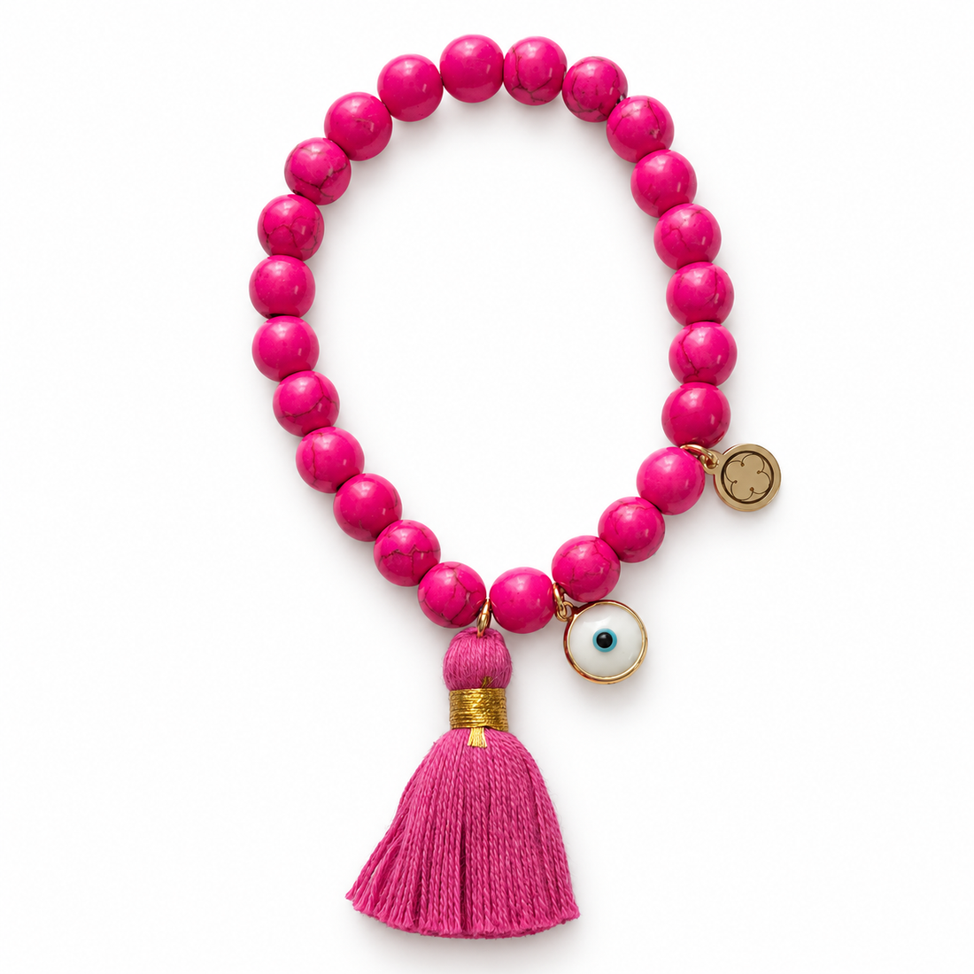 Hot Pink Howlite with Magenta Tassel on white studio background