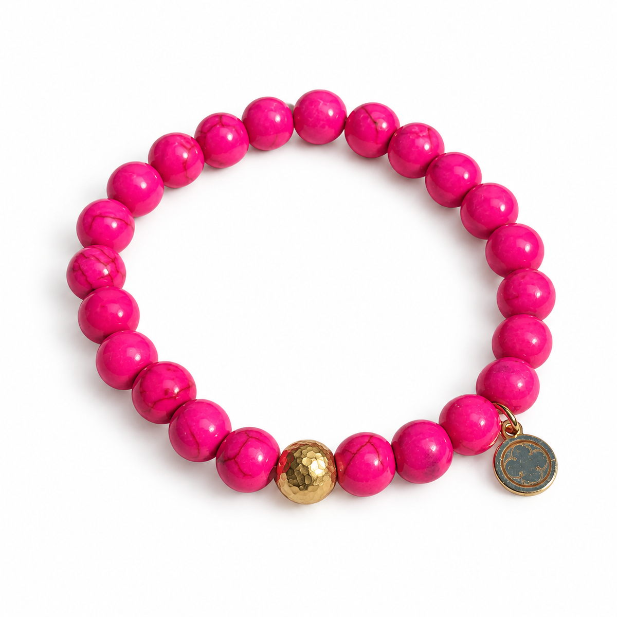 Hot Pink Howlite with Hammered Gold Accent on white studio background