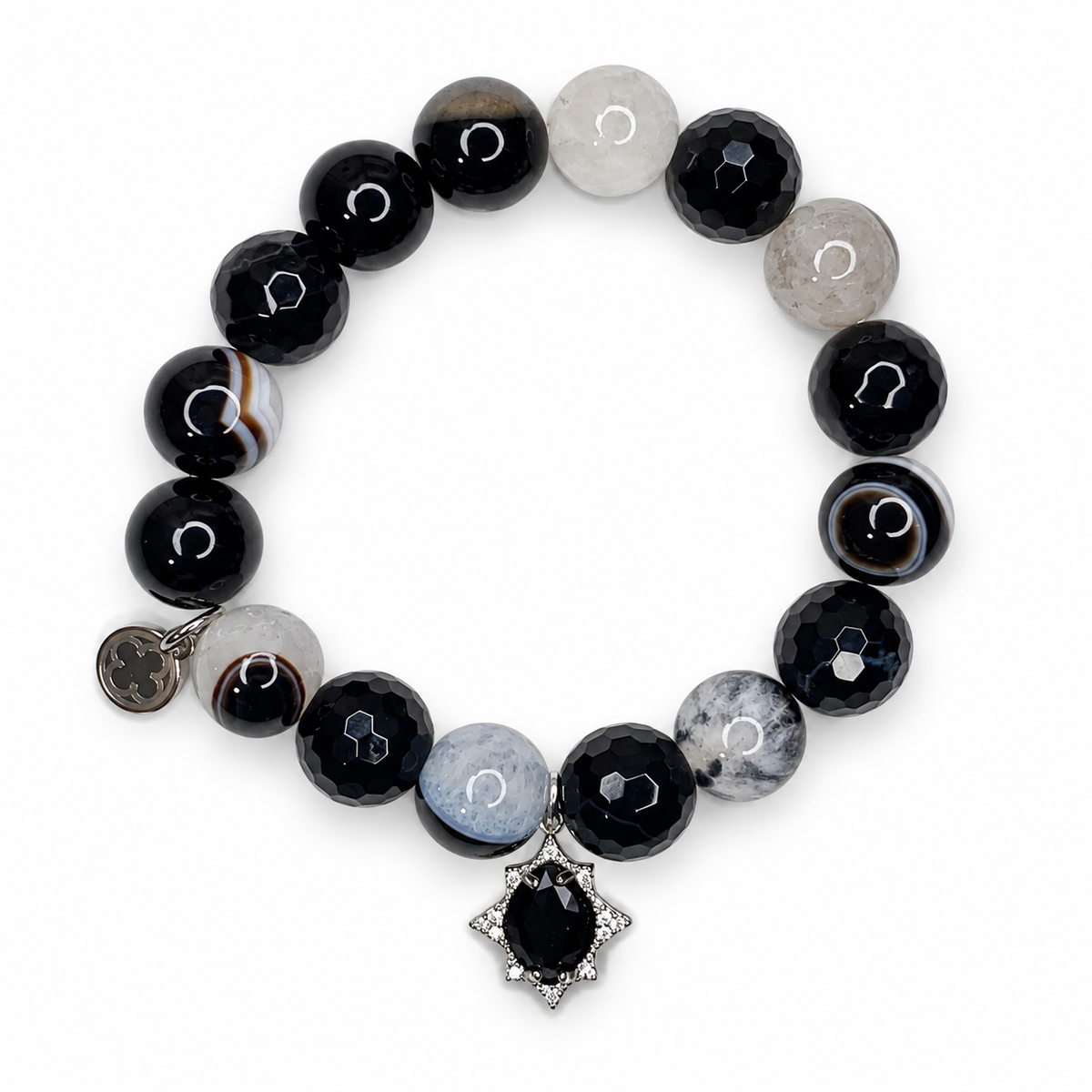 Black Quartz Agate with Pavé Black Silver Crystal Star Pendant on white studio background
