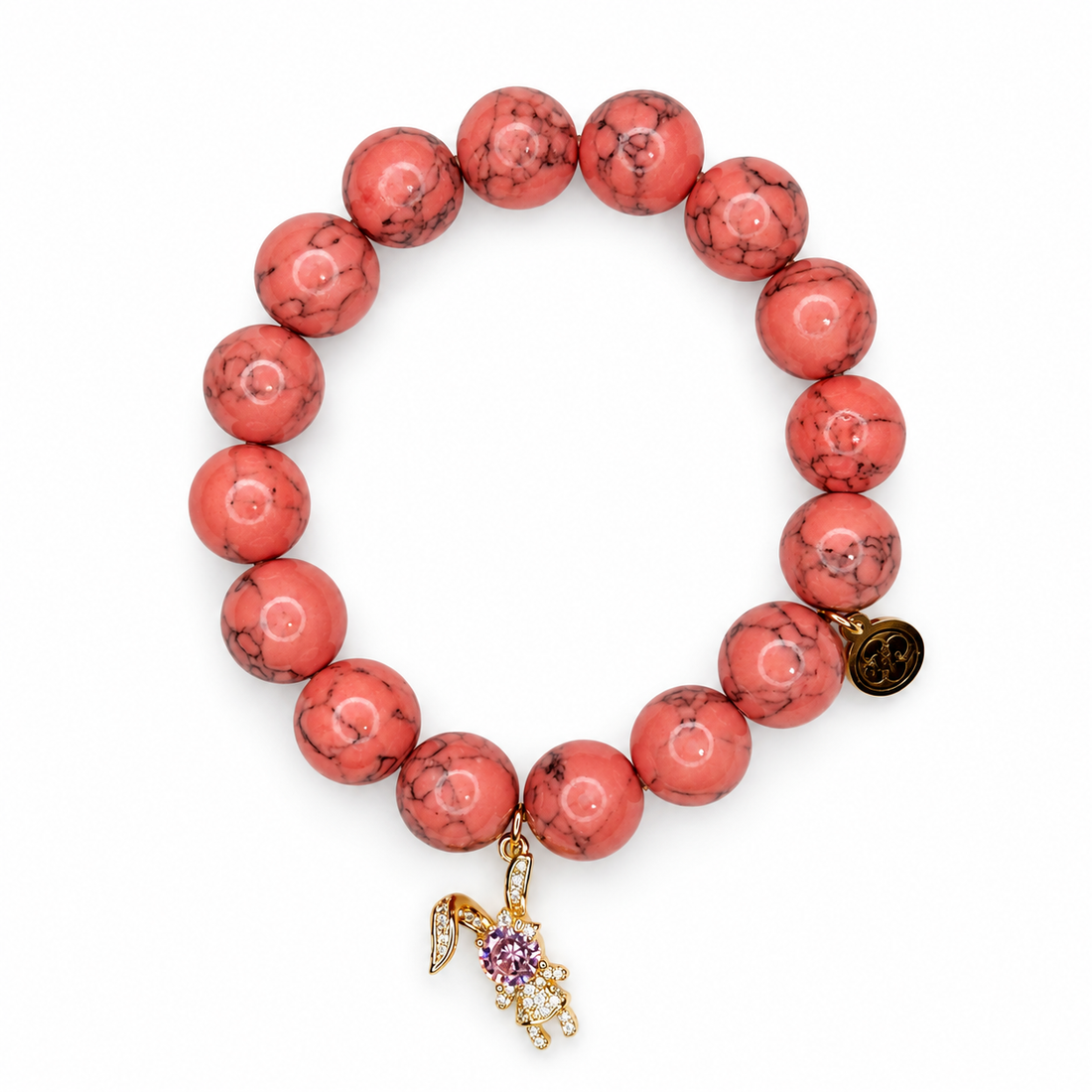 Coral Pink Howlite with Pavé Bunny on white studio background