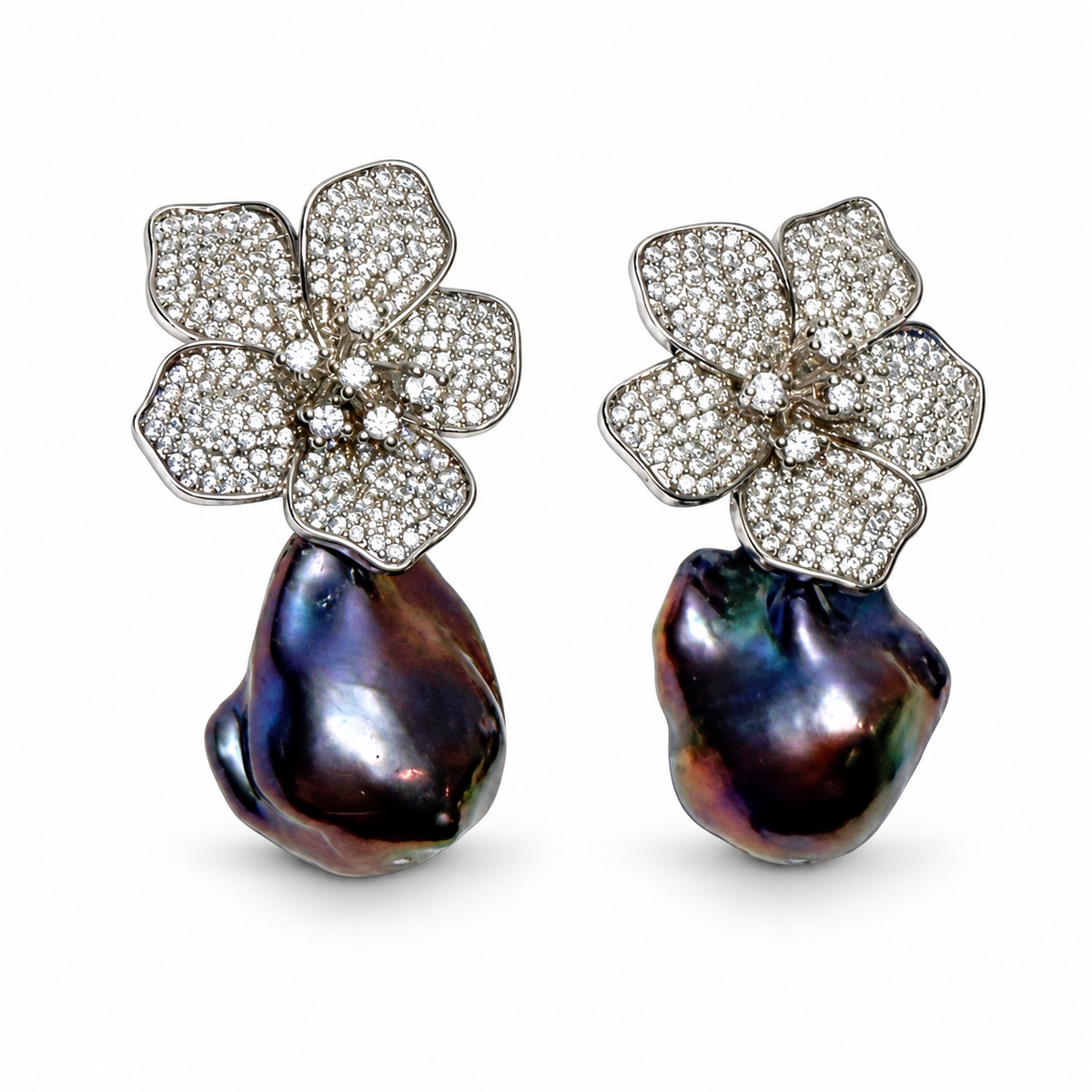 Peacock Pearl Flower Studs studio photo
