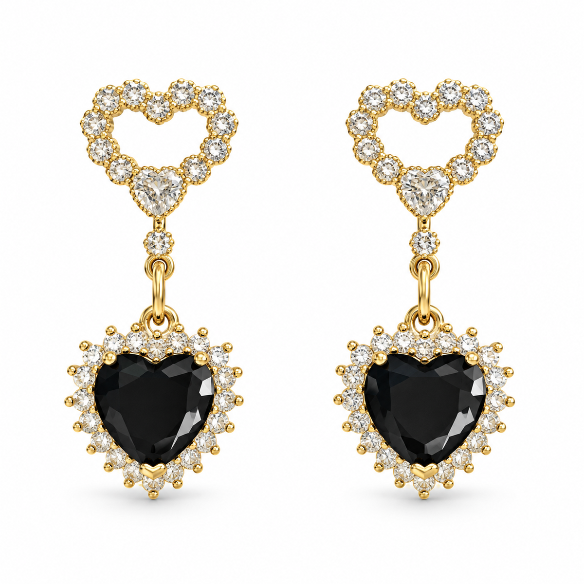 Black Pavé Heart Drop Earrings studio photo