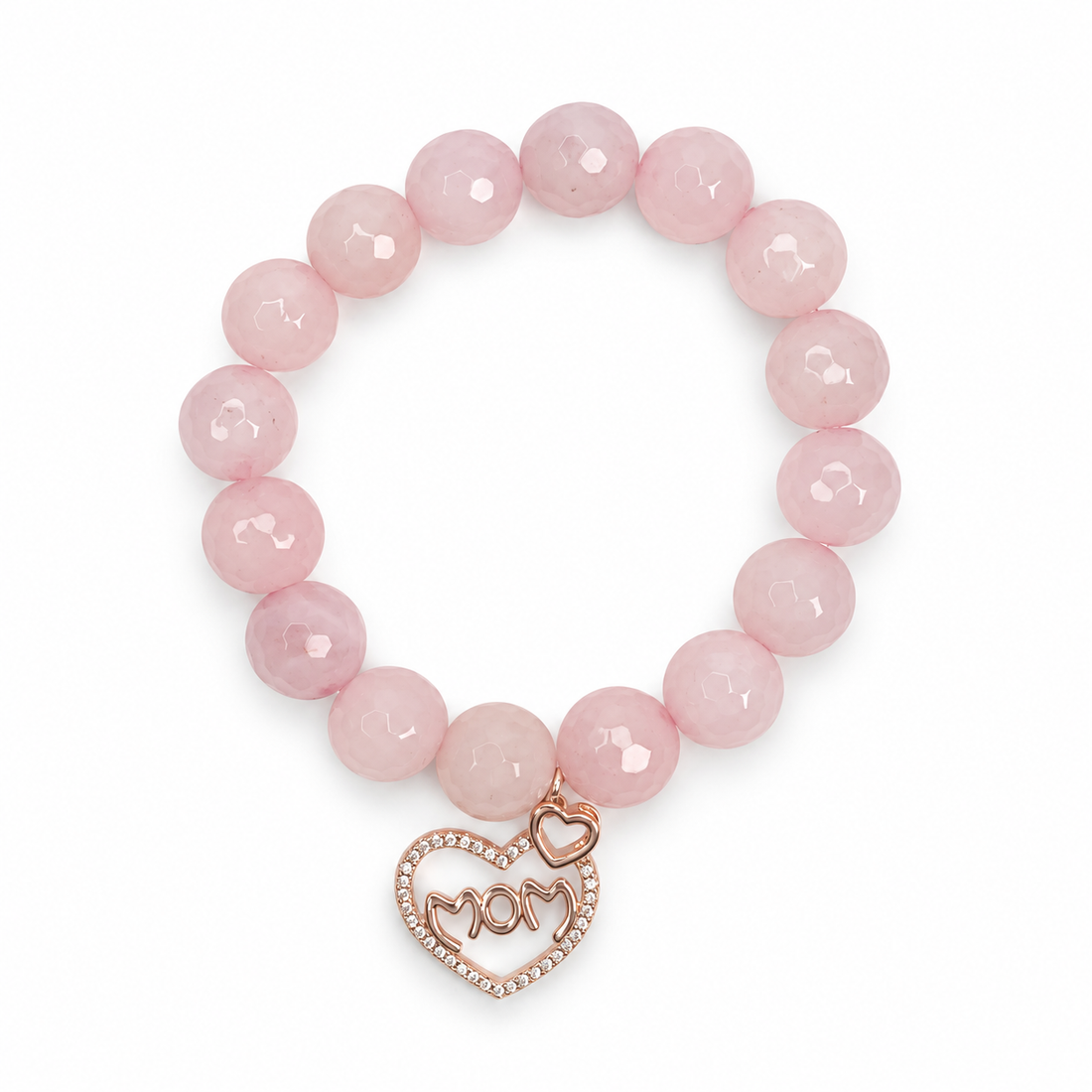 Rose Quartz with Pavé Rose Gold MOM Pendant on white studio background