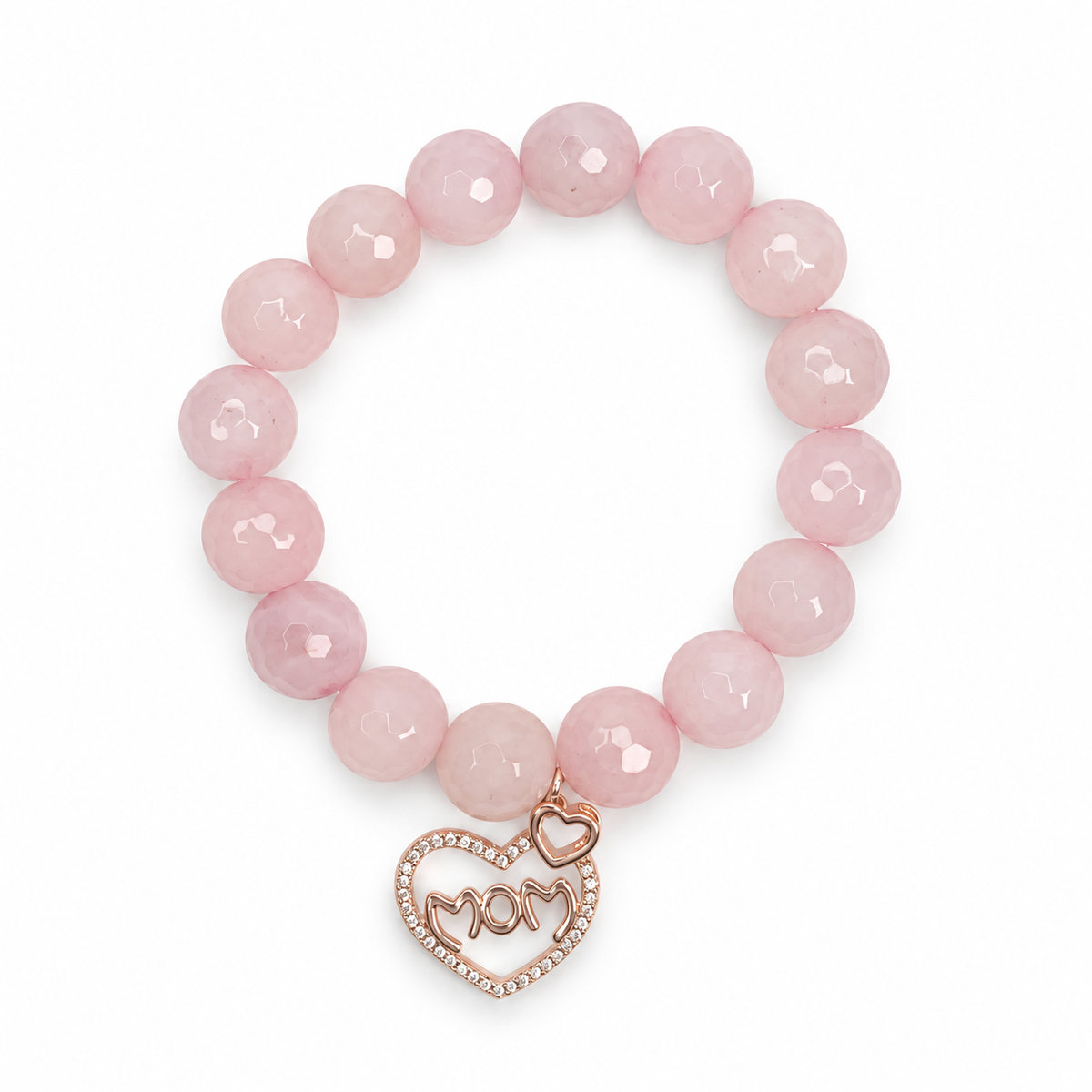 Rose Quartz with Pavé Rose Gold MOM Pendant on white studio background