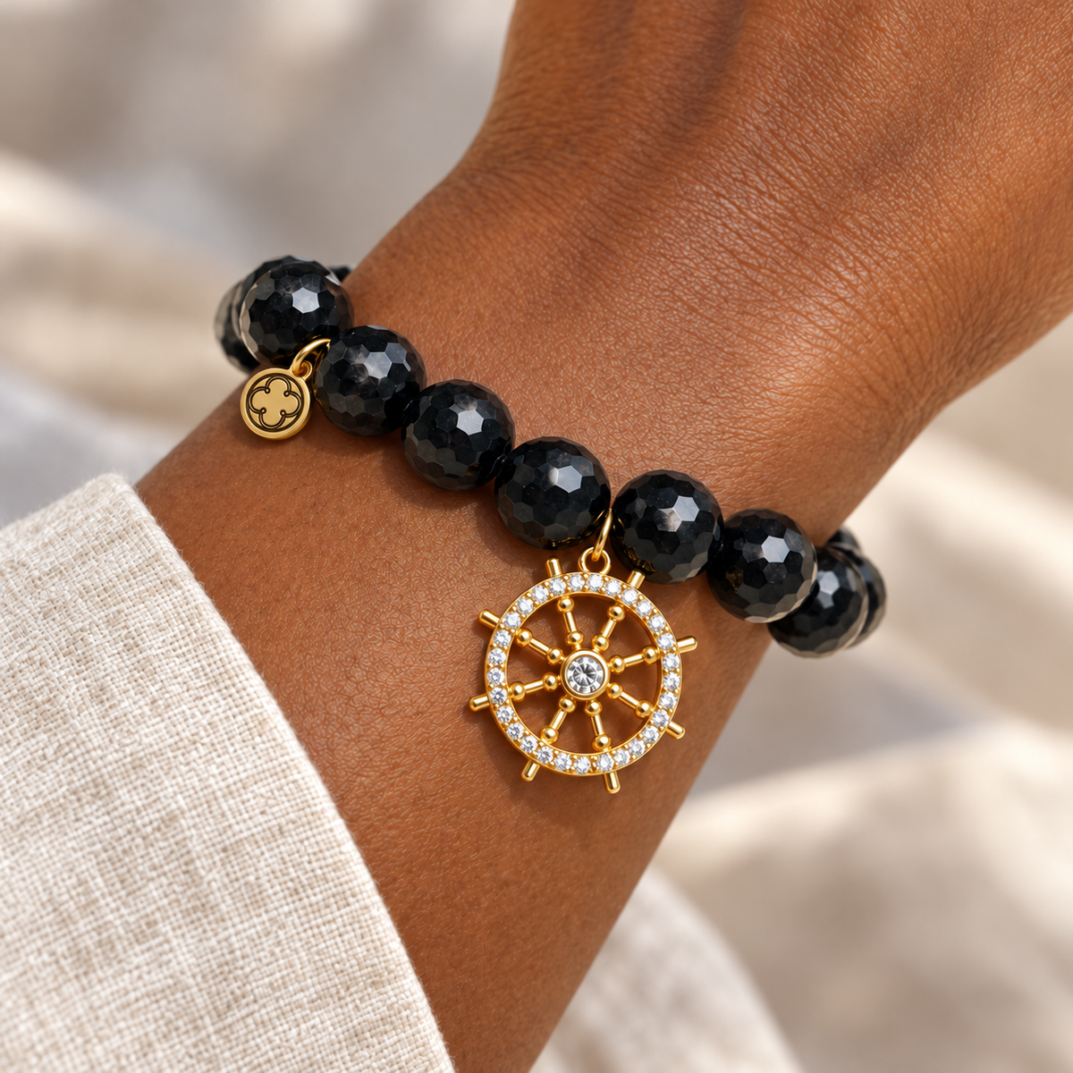 Black Onyx with Pavé Nautical Wheel Pendant worn on a woman&