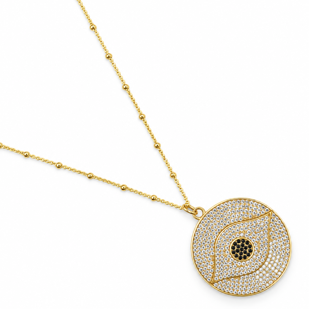 Gold Two Tone Pavé Evil Eye Necklace studio photo