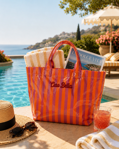 Ciao Bella Pink/Orange Striped Waterproof Tote