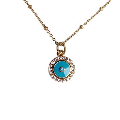 Turquoise Enamel Pavé Mini Evil Eye Necklace