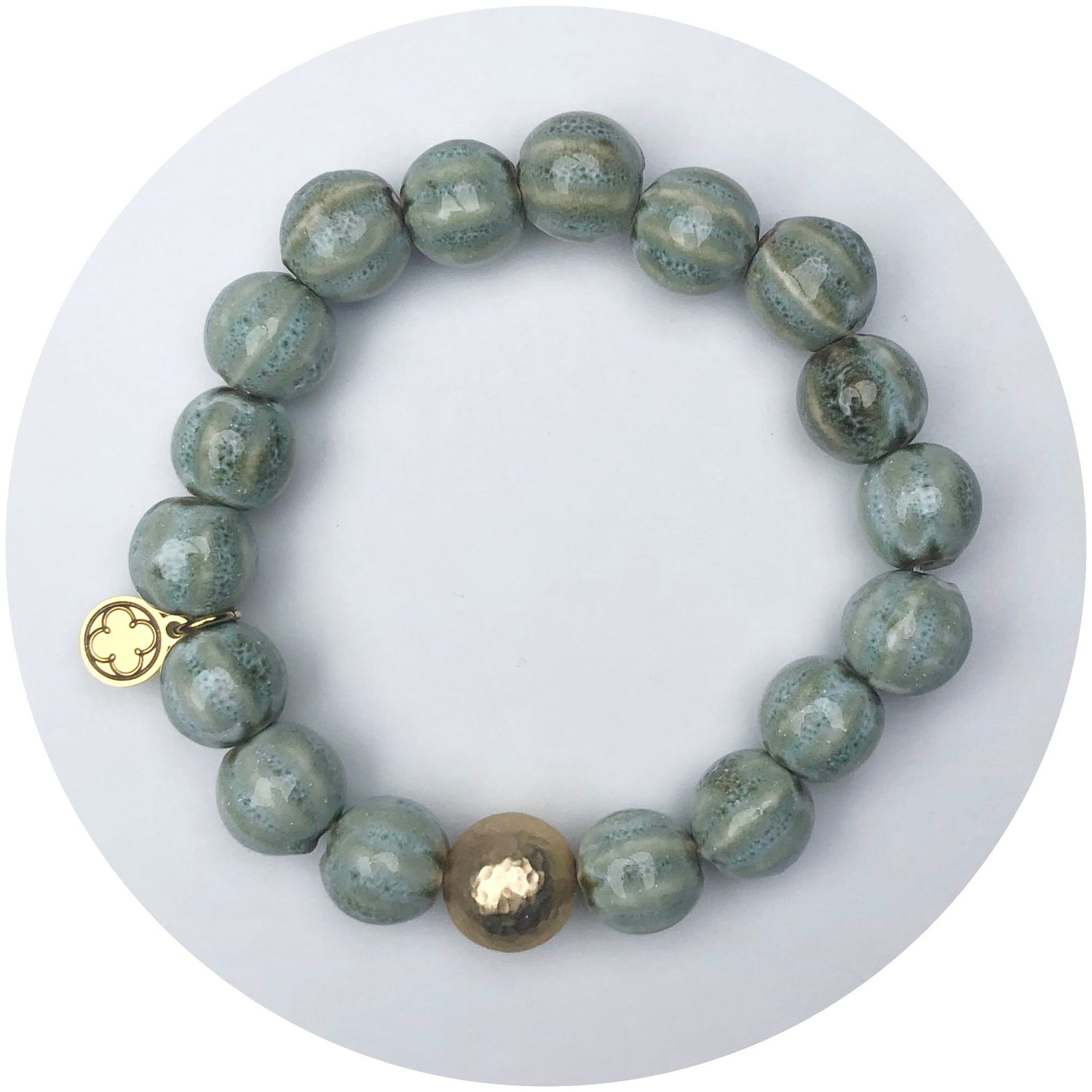 Sage Ceramic Riccio Bead with Hammered Gold Accent