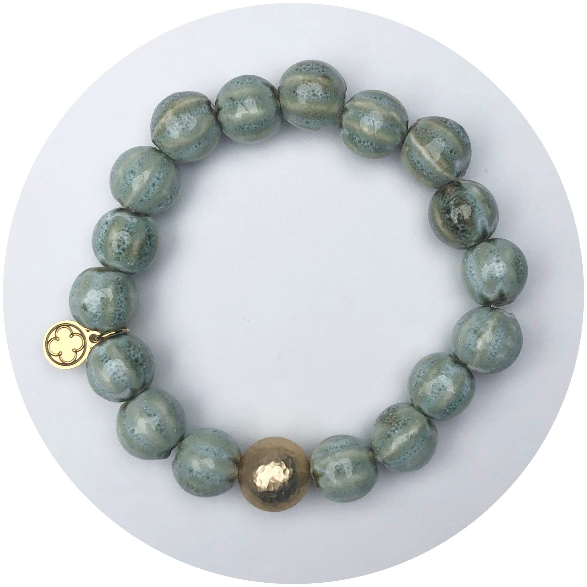 Sage Ceramic Riccio Bead with Hammered Gold Accent