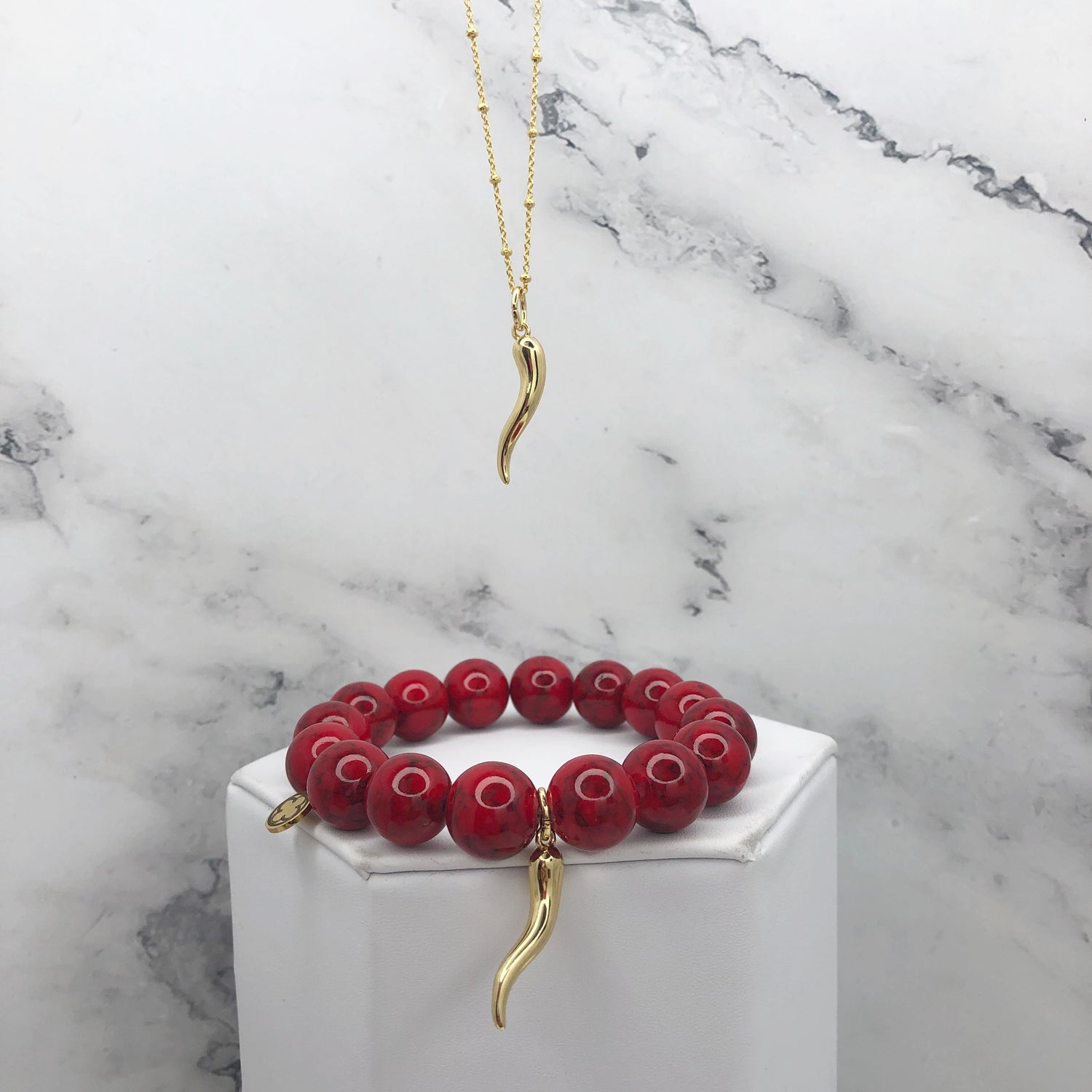 Red Howlite with Gold Horn Cornicello Pendant