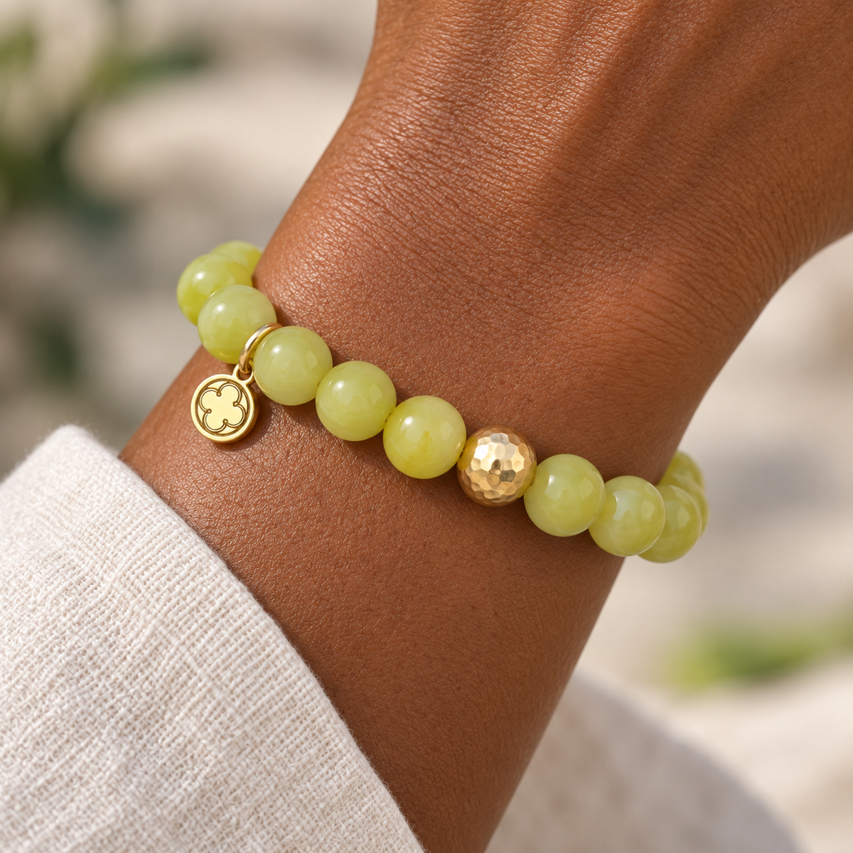 Celery Jade with Hammered Gold Accent worn on a woman&