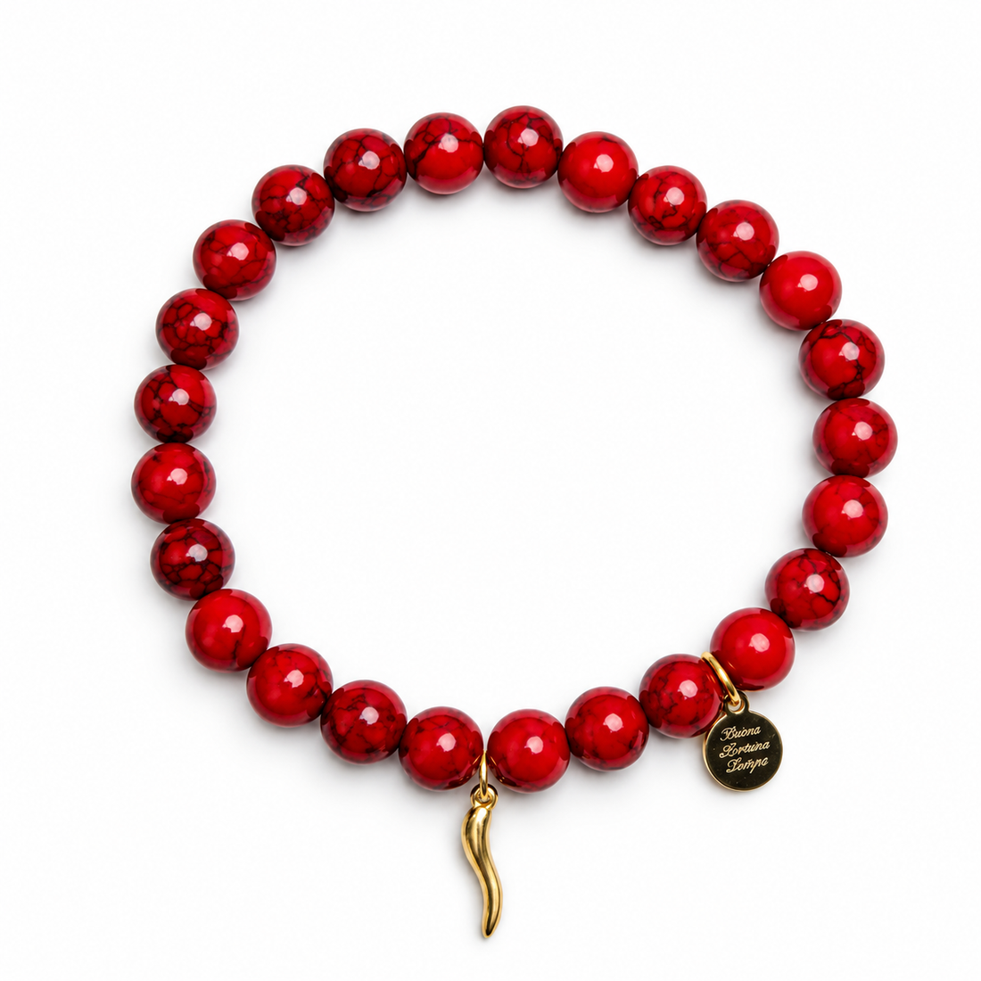 Mens Red Howlite with Gold Horn Cornicello Pendant on white studio background