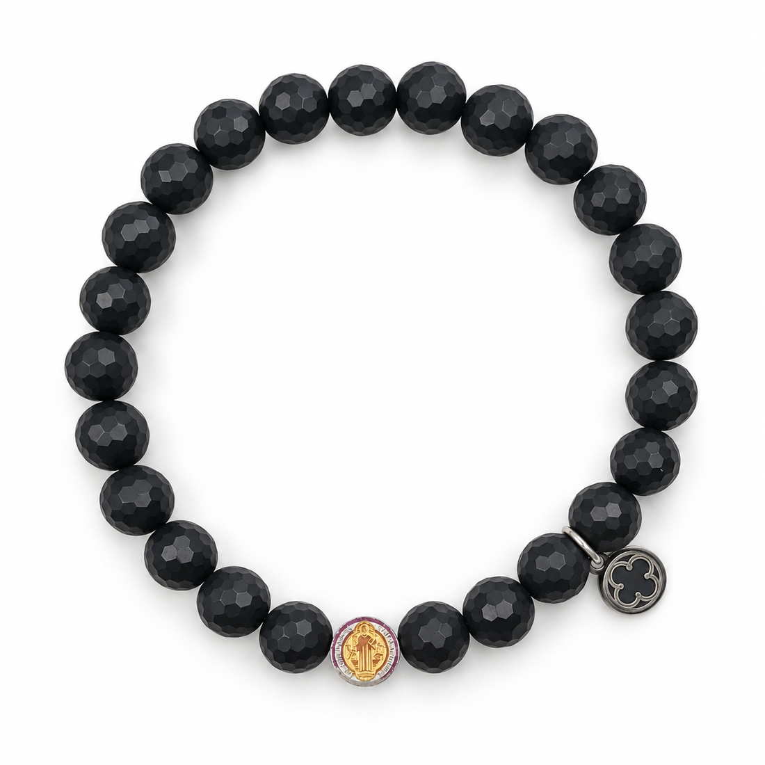Mens Matte Black Onyx with Silver St Benedict on white studio background
