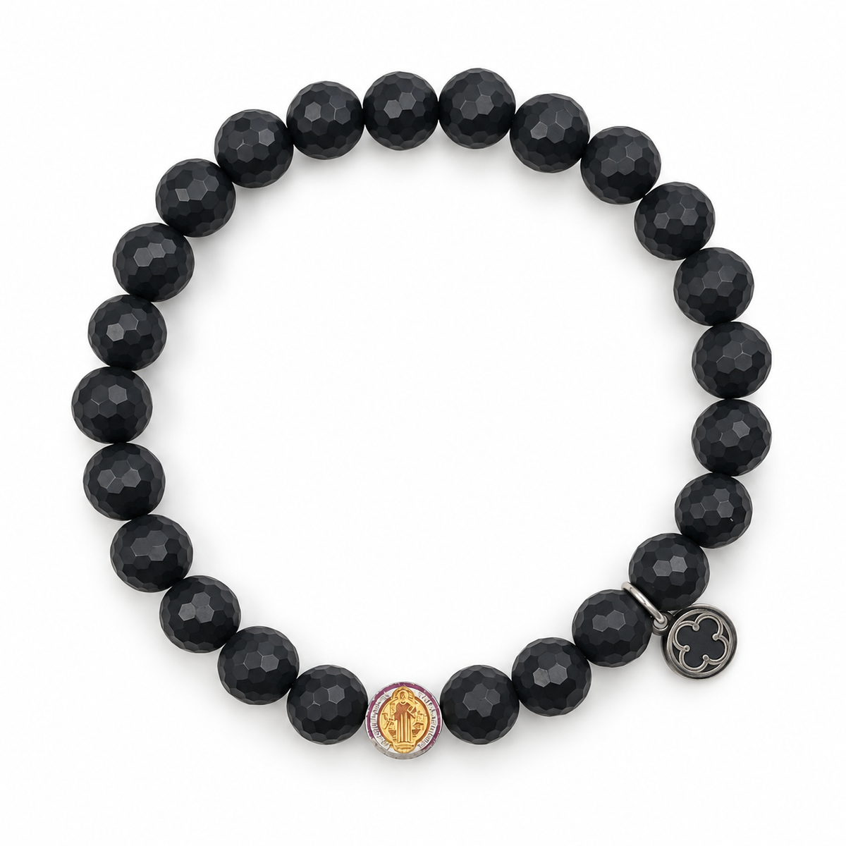 Mens Matte Black Onyx with Silver St Benedict on white studio background