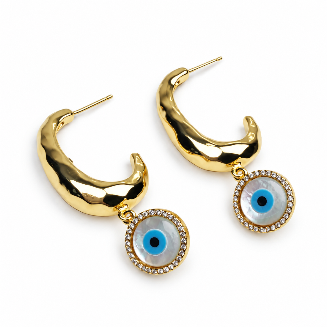 Mykonos Mother of Pearl Evil Eye Hoops — studio photo