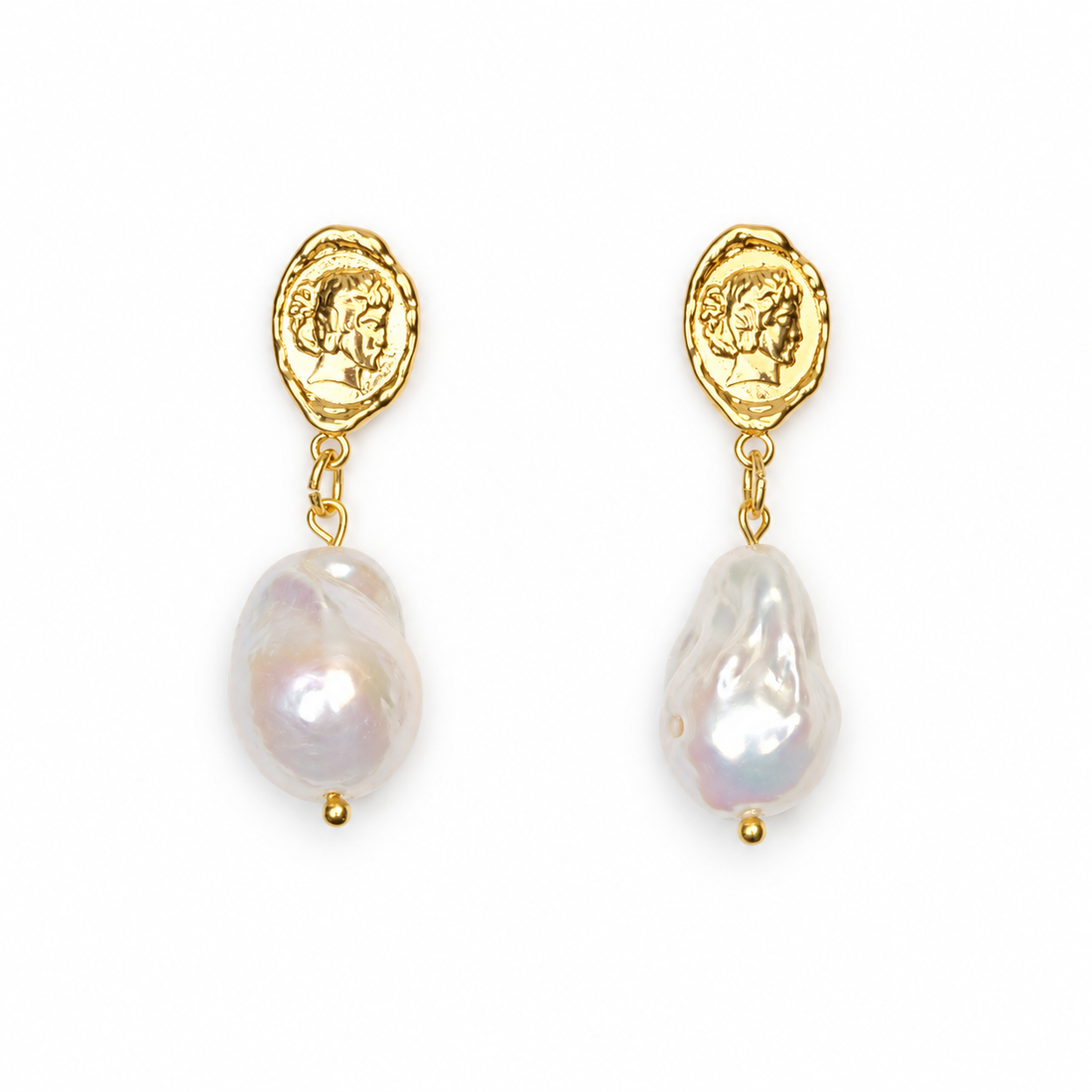 Queen Constance Pearl Drop Earrings on a white studio background