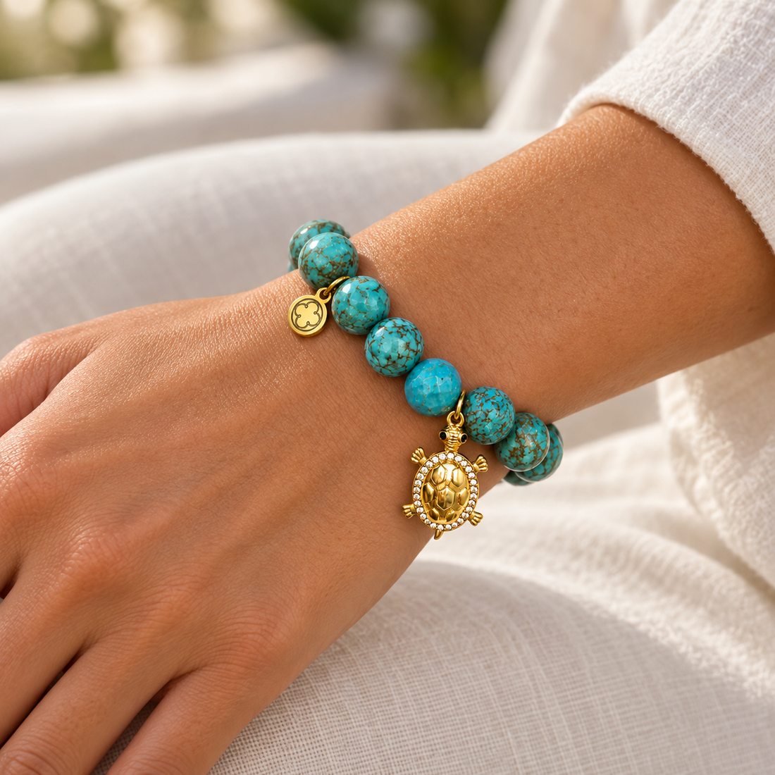 Green Turquoise with Pavé Turtle Pendant worn on a woman&