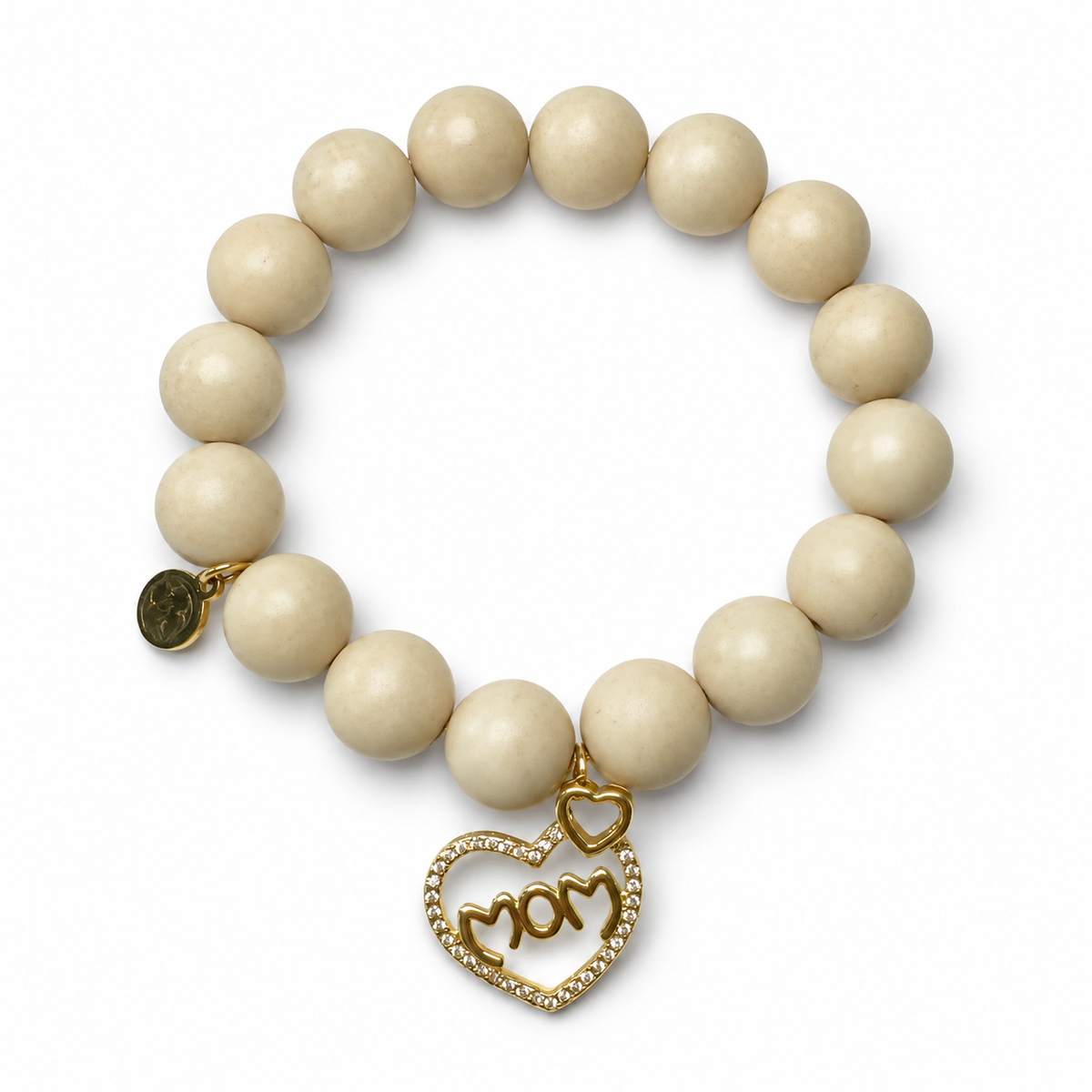 Beige Riverstone with Gold Pavé Heart Mom Pendant on white studio background