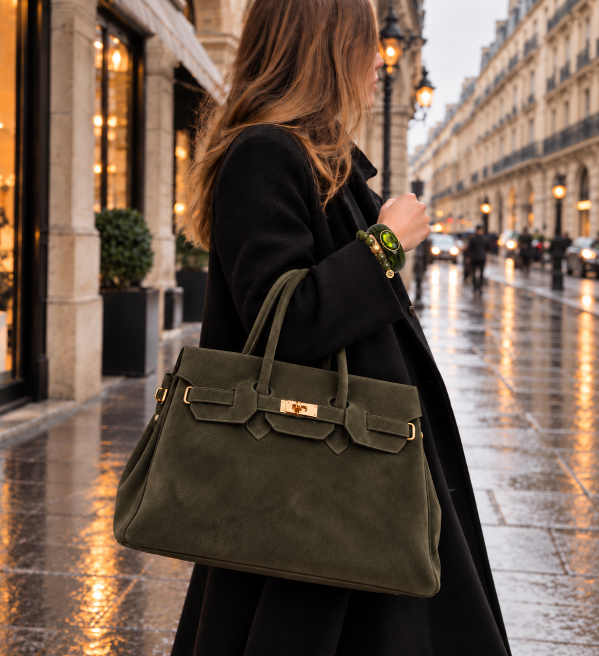 Monica Olive Green Natural Suede Handbag