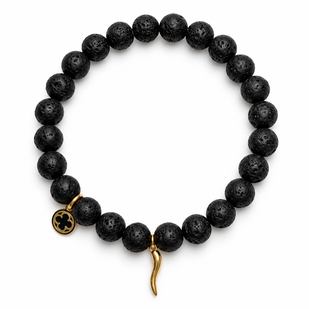 Mens Black Lava with Gold Horn Cornicello Pendant on white studio background