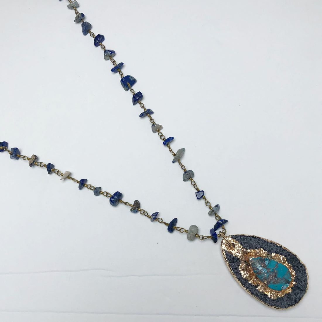 Lapis Beaded Chain with Lava Oval Pendant Necklace