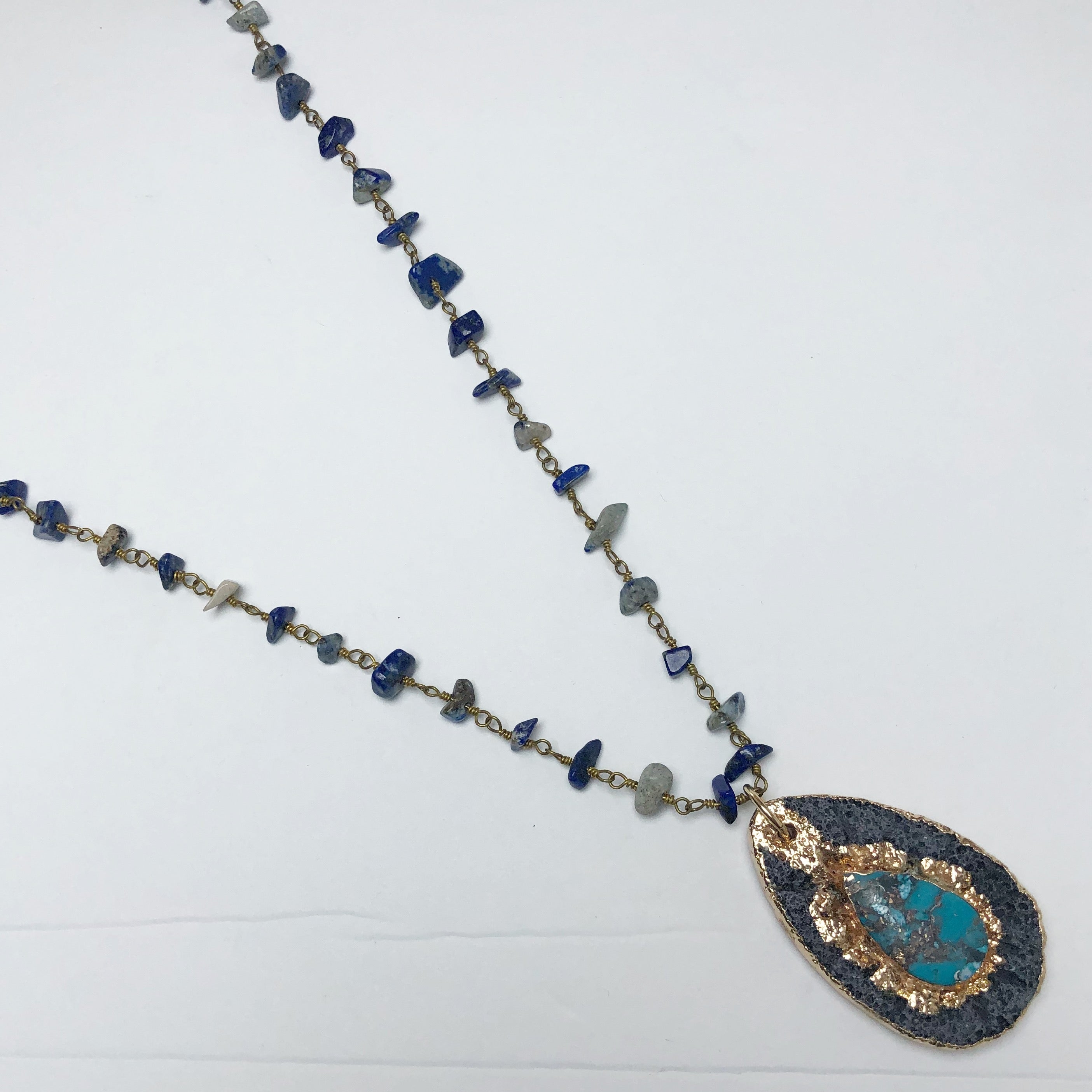 Lapis Beaded Chain with Lava Oval Pendant Necklace